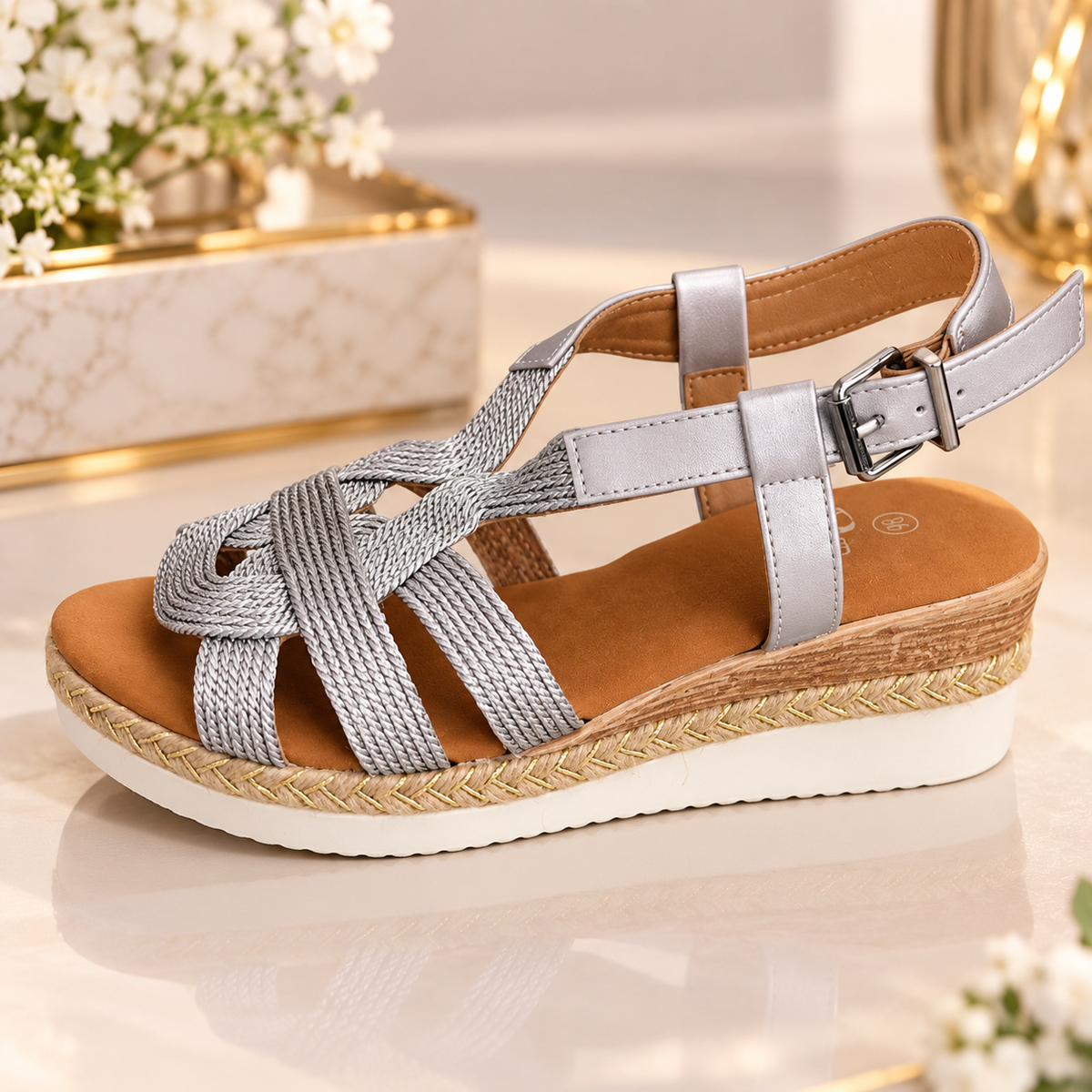 Sandales Compensées Femme Élégantes – Noir & Doré